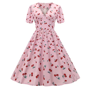 2021 модно дамско ново розова рокля с пищни ръкави и череша принтом на талията gray22
