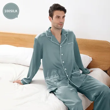 22 мм, нов стил, по-дебели копринени пижами, мъжки 100% коприна тутового на копринените буби, панталони с дълъг ръкав, комплект за домашна пижама