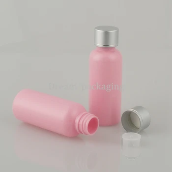 50 бр./ лот, 50 мл розова Пластмасова бутилка за етерично масло с матово сребрист алуминиев капак на винт. Контейнер за козметика с тонер