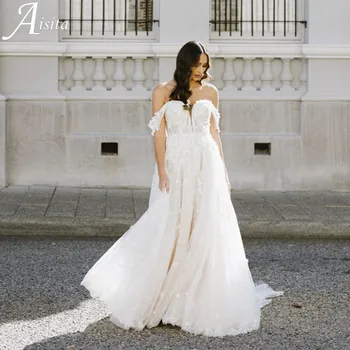 Елегантни Дантелени Сватбени рокли Трапецовидна форма, с Бродерия в стил бохо, Vestidos De Новия, сексуална Сватбена рокля с влак от Тюл