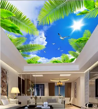 Потребителски фотообои Зенит таван Синьо небе палма слънце морски птици таван Пейзаж тапети на стенописите
