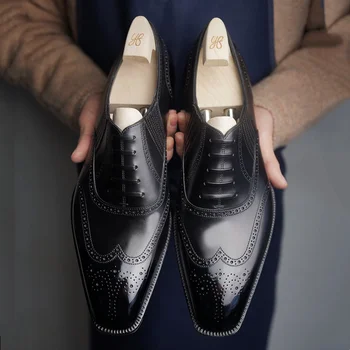 Черни мъжки класически обувки-Oxfords Ръчна изработка, Ръчно изработени с перфорации тип 
