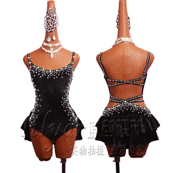 Костюм за Латино Танци рокля за изпълнения на Сас танцова САЛСА Гащеризон черен висок открит секси вратовръзка