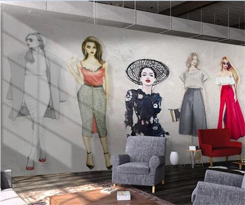 Ретро-ръчно рисувани салон за красота магазин за дрехи, инструменти фонови картинки магазин за модни дамски дрехи по поръчка 3D стенопис