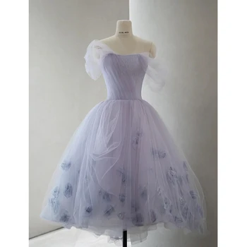 14473#ЙЕНА Лилаво Гънки Буйни Тюл 3D Апликация на Цветя Трапециевидные Мини Рокли За бала Вечерна рокля Вечерни рокли 100% Реална Снимка
