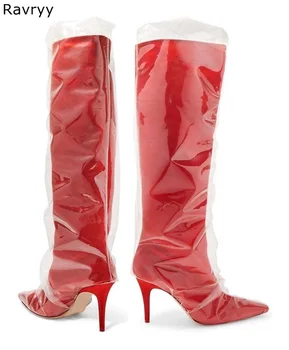 2018 г., Прозрачни Червени Дълги Ботуши от PVC, най-Новата Мода, дамски Ботуши до коляното, с остри пръсти, на тънък ток, с заплатками, дамски Обувки За Партита