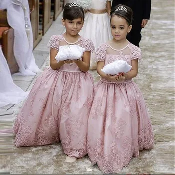 2021 Розова Дълга Бална Рокля С Цветя Модел За Момичета Рокли За Вашата Сватба Парти С Кръгло Деколте И Къси Ръкави И Апликация Във Детски Рокли За Бала
