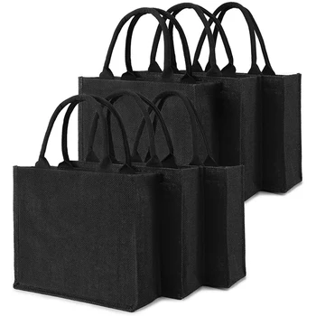 6 бр. Черна торба от зебло, Джутовые чанти-тоут с дръжки и ламиниран Интериор, Сватбени Подаръци чанти за шаферките, Празни чанти