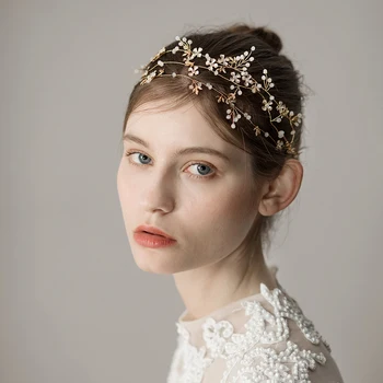 O351 Нежни златни листа и изкуствени цветя, сватбени мъниста превръзка на главата и лента за коса сватбена прическа за младоженци