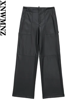 XNWMNZ 2022 Дамски Модни Черни Панталони-карго От Изкуствена кожа, Дамски Ретро-Панталон с цип с Джобове, Ежедневни Дамски Шикозни Панталони