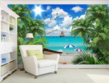водоустойчиви тапети с изглед към морето плаж кокосова палма тапети за стените, 3 d разтегателен хол Фон рисувани стенни тапети 3d