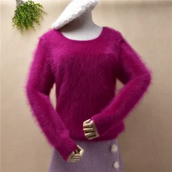 дами дамска мода космати, пухкави норка плетен кашмир с дълъг ръкав тънки блузи пуловер ангорски заек козината на животните жилетка пуловер дръпна
