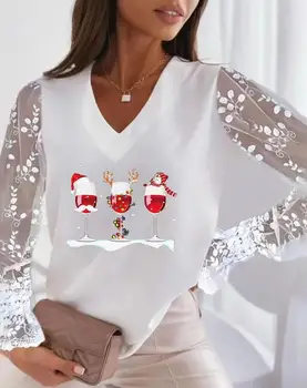 Коледна Тениска за Жени 2022, Чаши за вино, Принт Снежен човек, Прозрачна Мрежа, Дантела и Шик Модерен Топ с V-образно деколте, Коледни ежедневни Блузи
