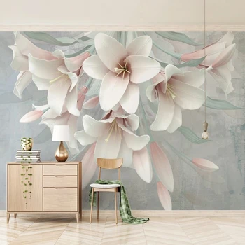 Обичай papel de parede 3d, вдигна розова стенни рисувани с лилии за гостна, хотелска фон, декориране на дома, водоустойчиви тапети
