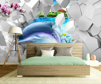 Потребителски Снимки на Тапети 3D Модерен съвременен подводен свят на делфините Дневна Спалня ТЕЛЕВИЗИЯ Фон Стенописи Тапети