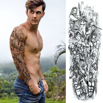 татуировка с черепа на ръкав за мъже, временна татуировка скелета, ръкав в цялата страна, черни големи татуировки, нарукавник, водоустойчив секси, по-голям